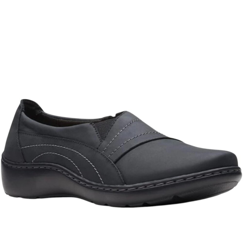 Clarks Women's Cora Edge Black Leather Lifestyle Slip-On Loafers‎ Shoes Size 9